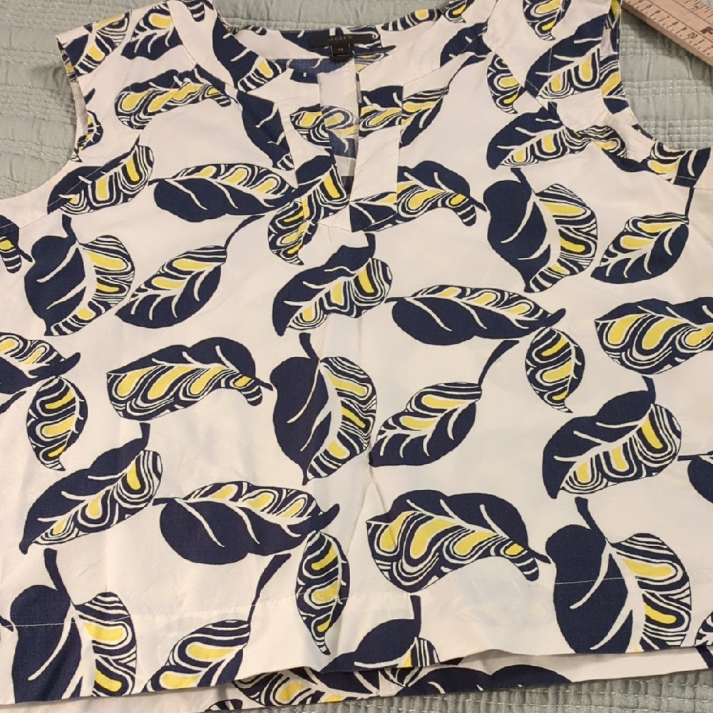 J. Crew Cream and Blue Sleeveless Tank Top with Mandarin Collar